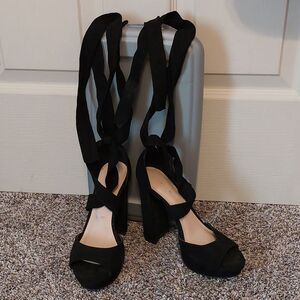 Wild Diva Lounge Black Block Heels Gladiator Lace Up Peep Toe Platform Sandals